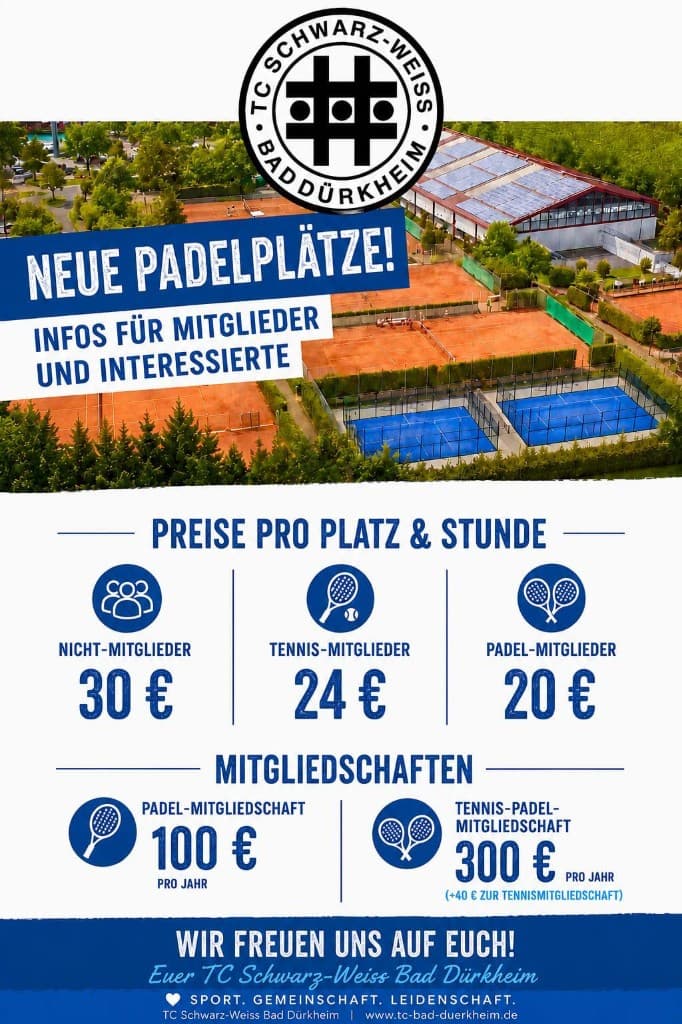 Flyer mit Preisen und Mitgliedschaften für die neuen Padelplätze des TC Schwarz-Weiß Bad Dürkheim